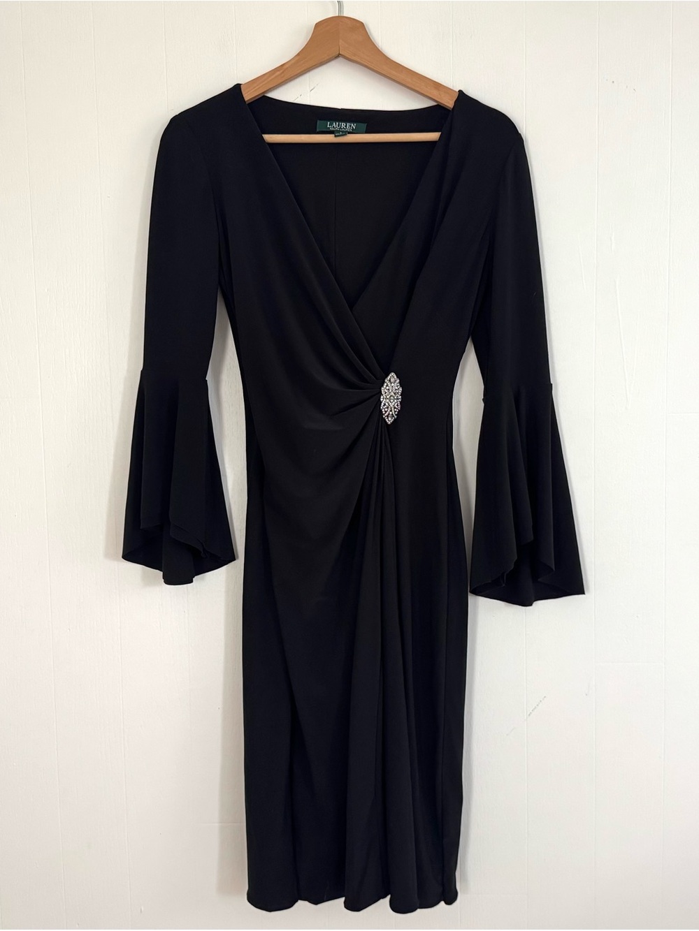 Lauren Ralph Lauren Black V-Neck Midi Dress with Rhinestone Brooch